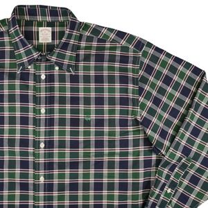 Brooks Brothers Long Sleeve Button Down Shirt Mens XL Green Blue Plaid Supima